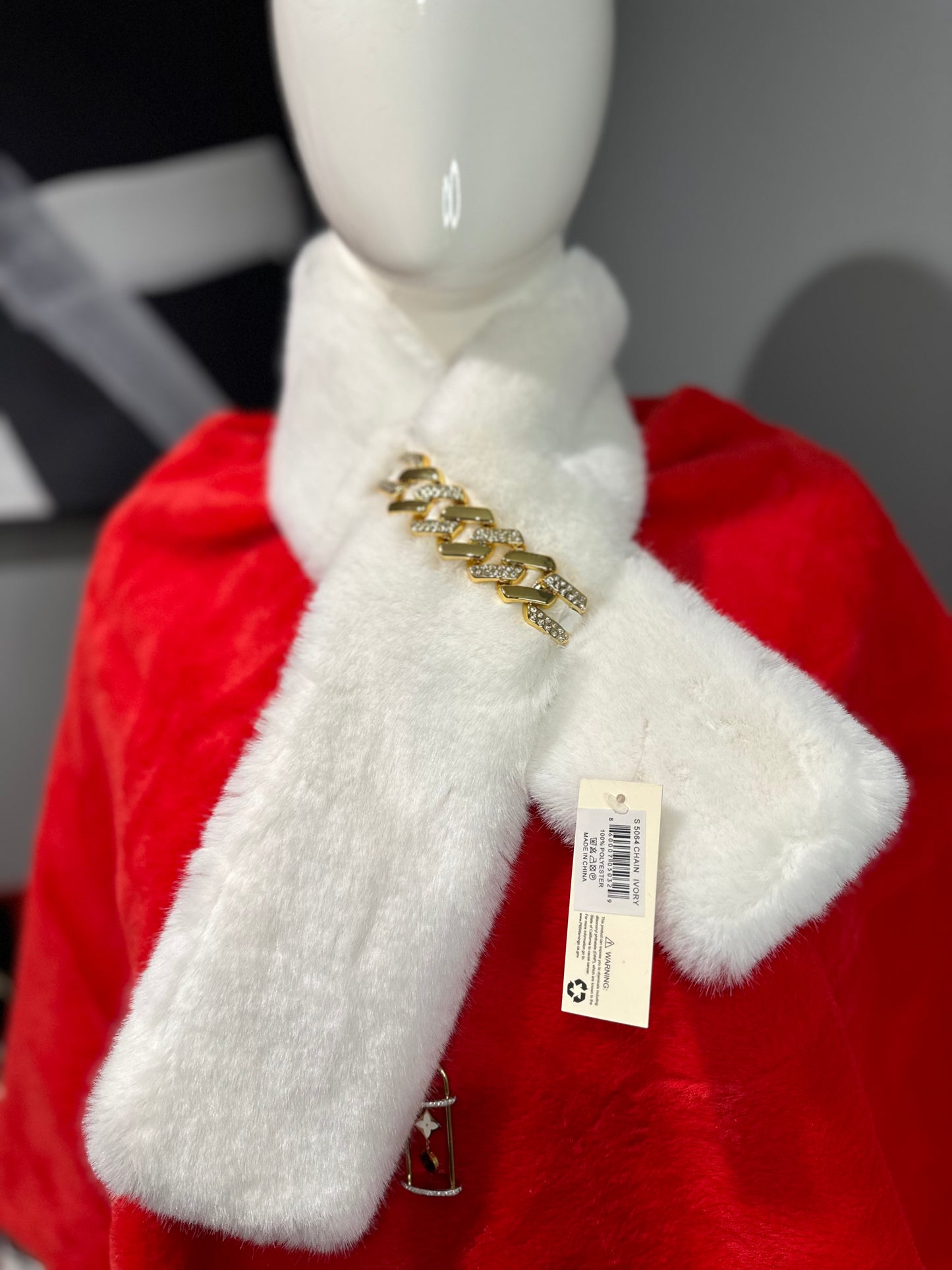 White Fur Scarf with Gold Chain