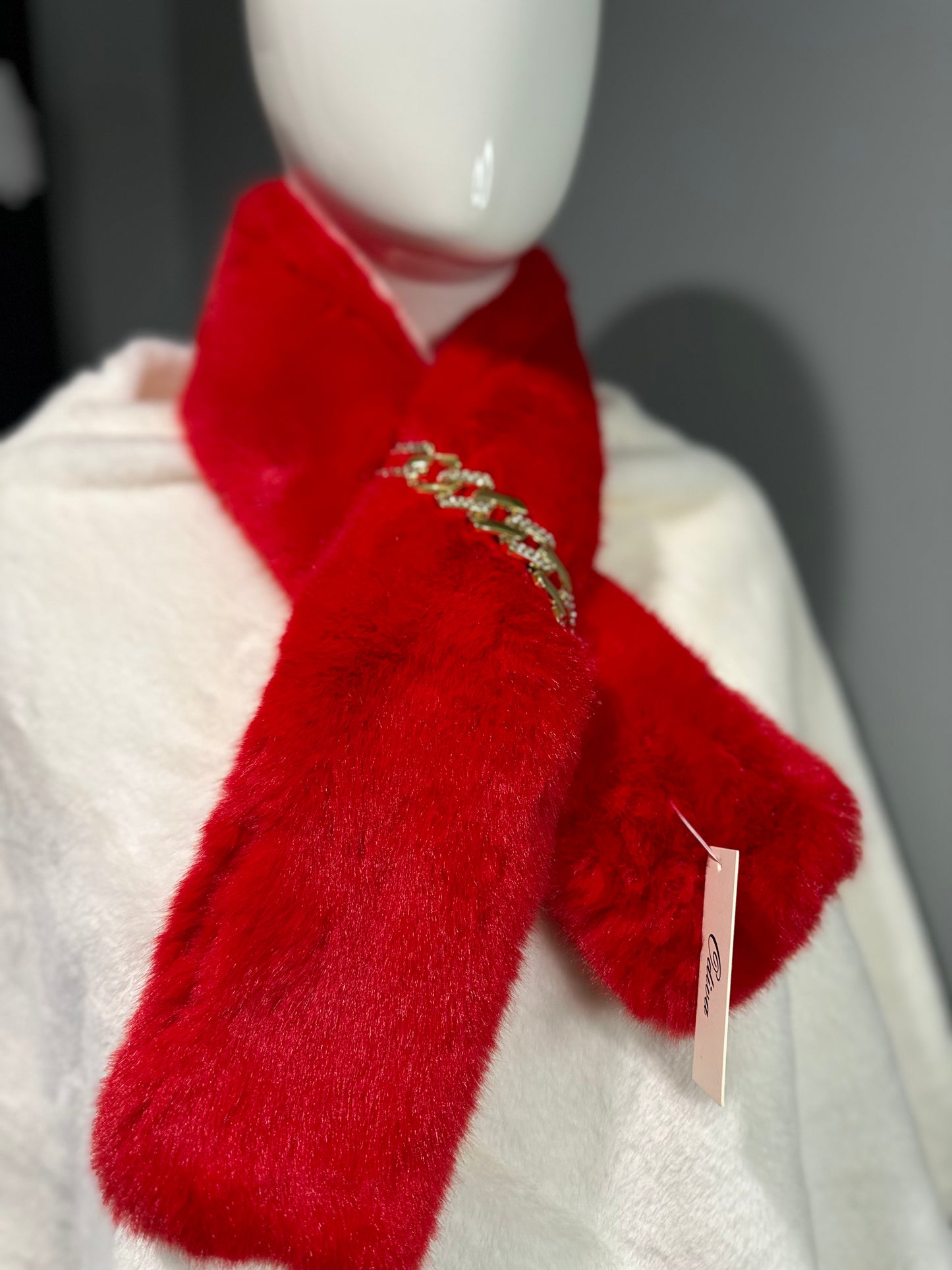 Red Fur Scarf with Gold Chain