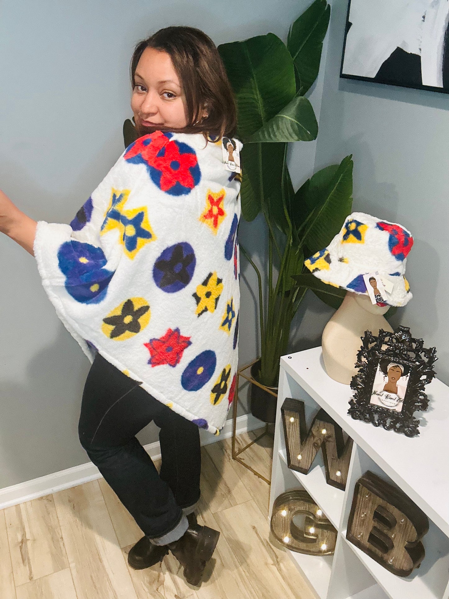 White, Blue, Yellow, Red Poncho and Hat Set