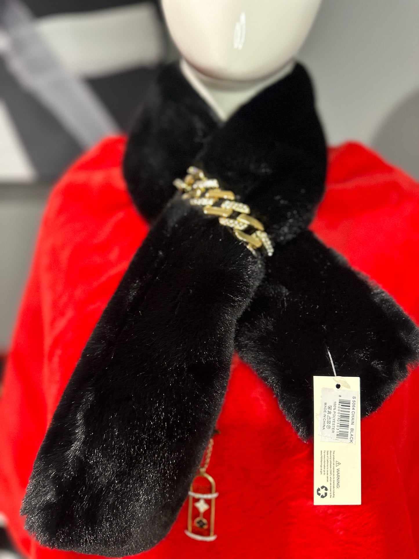 Black Fur Scarf with Gold Chain