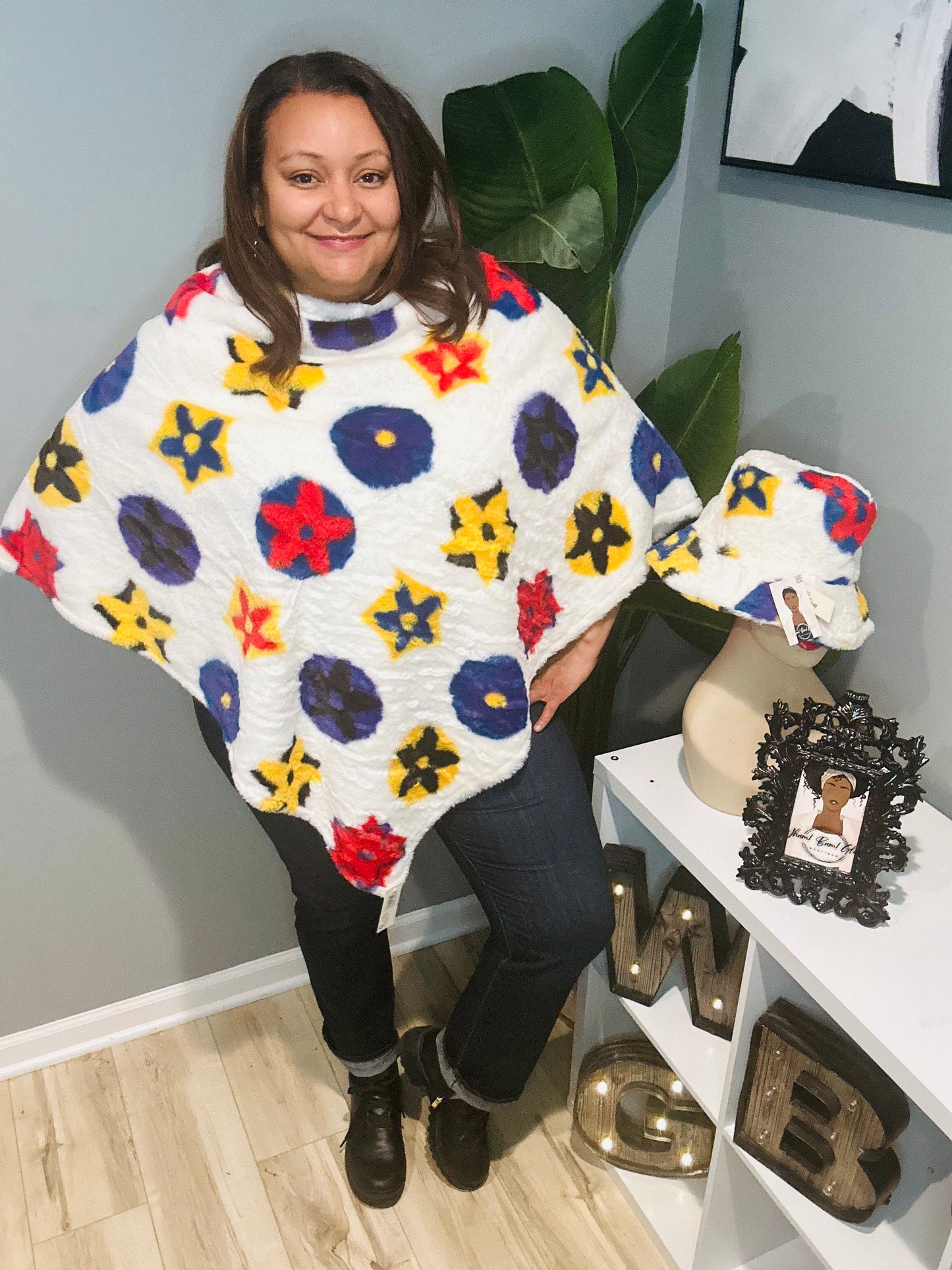 White, Blue, Yellow, Red Poncho and Hat Set