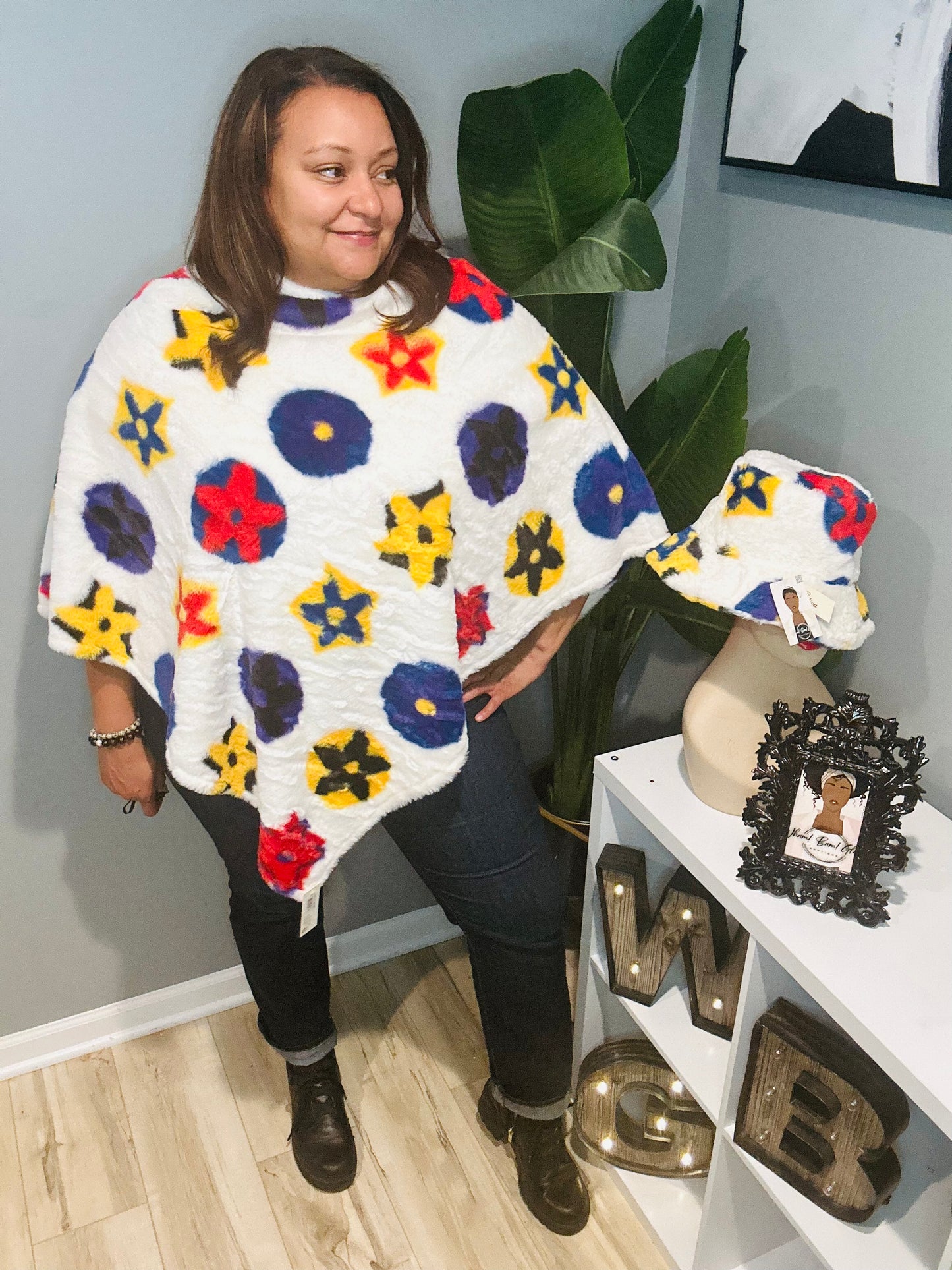 White, Blue, Yellow, Red Poncho and Hat Set