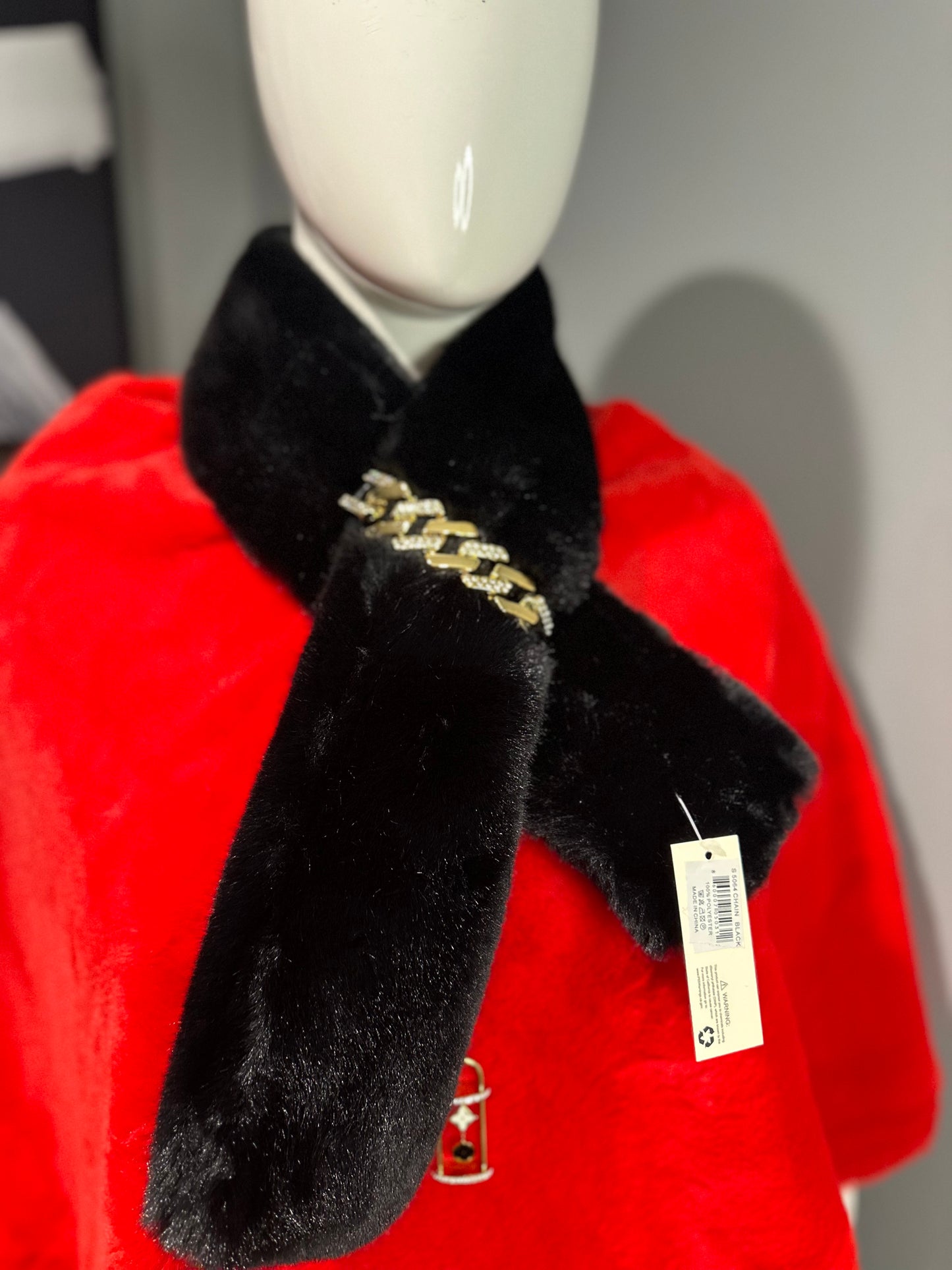 Black Fur Scarf with Gold Chain