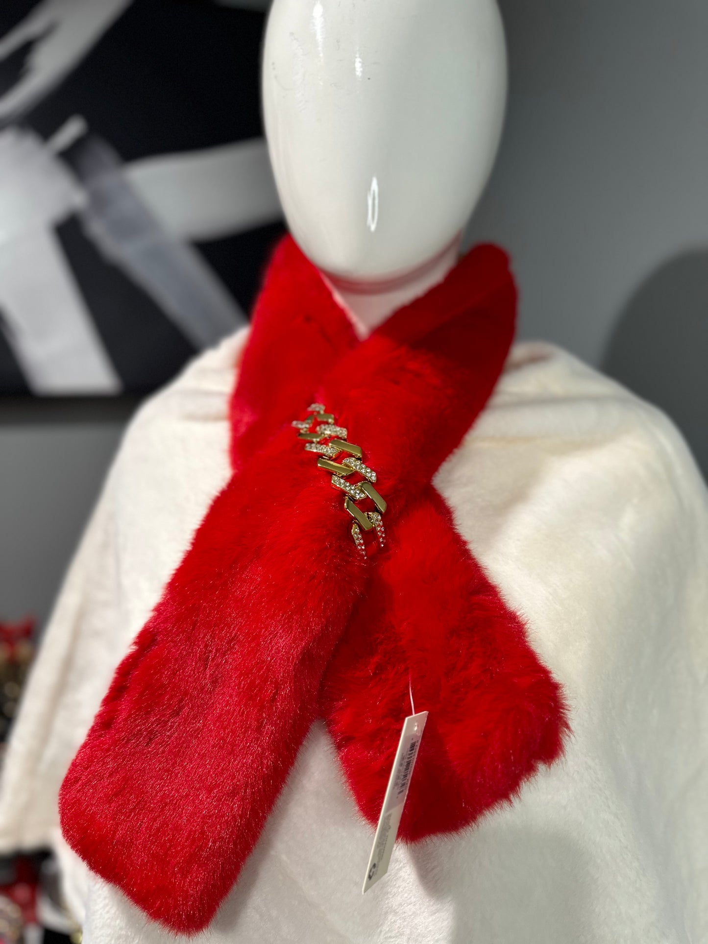 Red Fur Scarf with Gold Chain