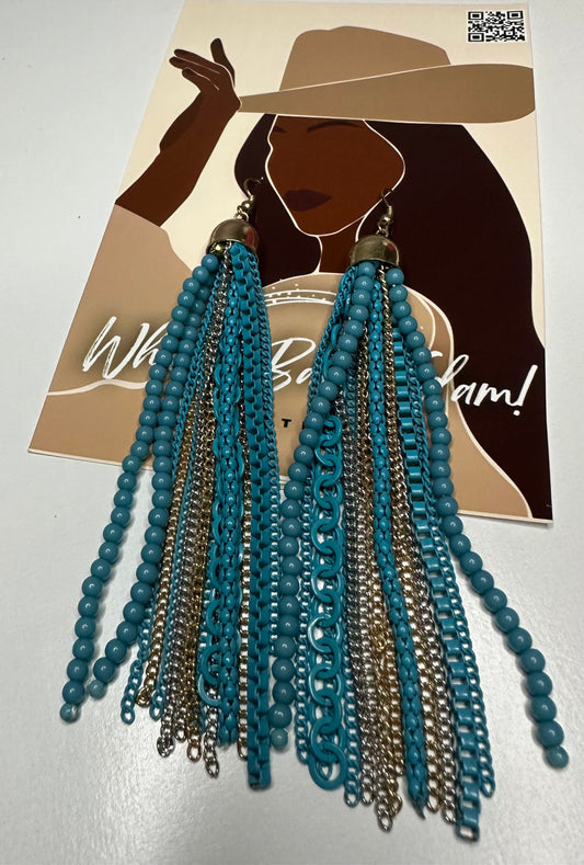Blue Beaded Fringe Earrings